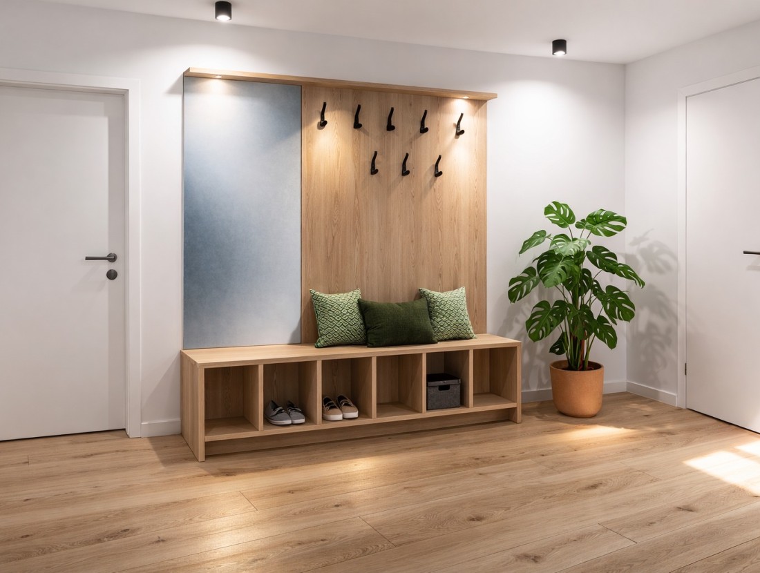 Moderner Flur mit h&ouml;lzerner Garderobe, Sitzbank und Pflanze in einem Topf