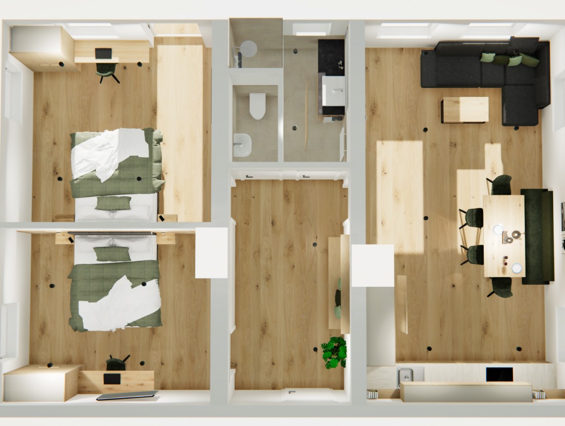 Grundriss einer modernen Zwei-Zimmer-Wohnung mit Bad und Wohnzimmer