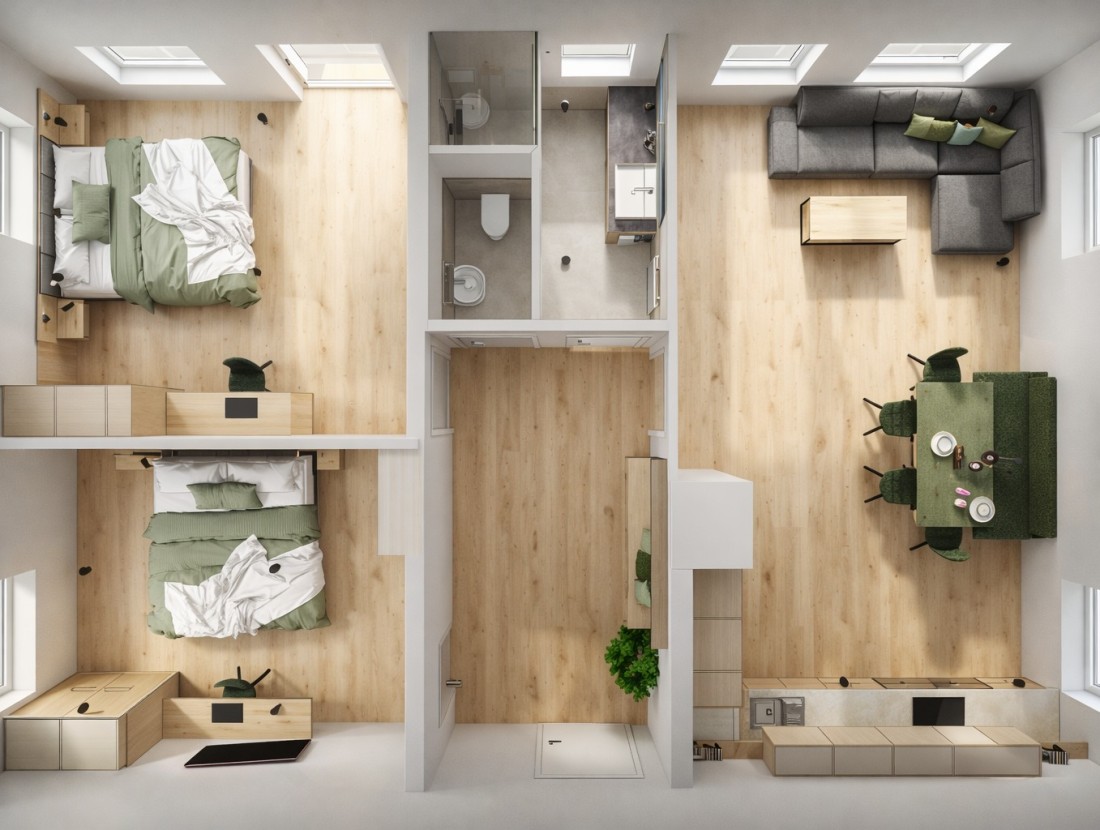 Wohnungsgrundriss mit zwei Schlafzimmern, Bad, Küche und Wohnzimmer