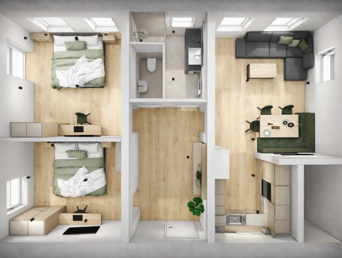 Grundriss einer Wohnung mit zwei Schlafzimmern, Bad und offenem Wohnbereich