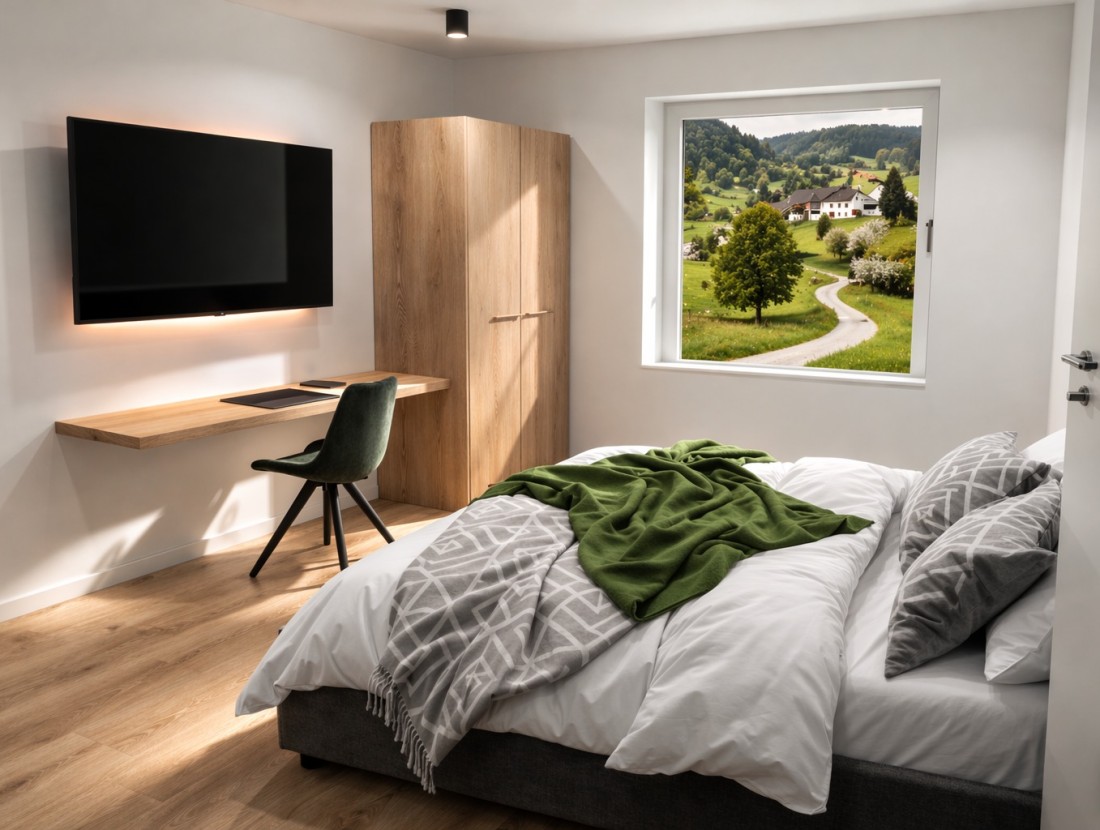 Helles Schlafzimmer mit Doppelbett, Schreibtisch, Fernseher und Aussicht ins Grüne