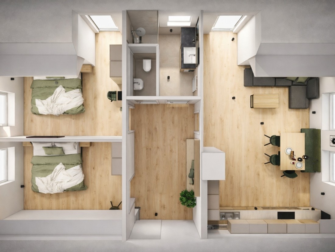 Wohnungsgrundriss mit zwei Schlafzimmern, Badezimmer und offenem Wohnbereich